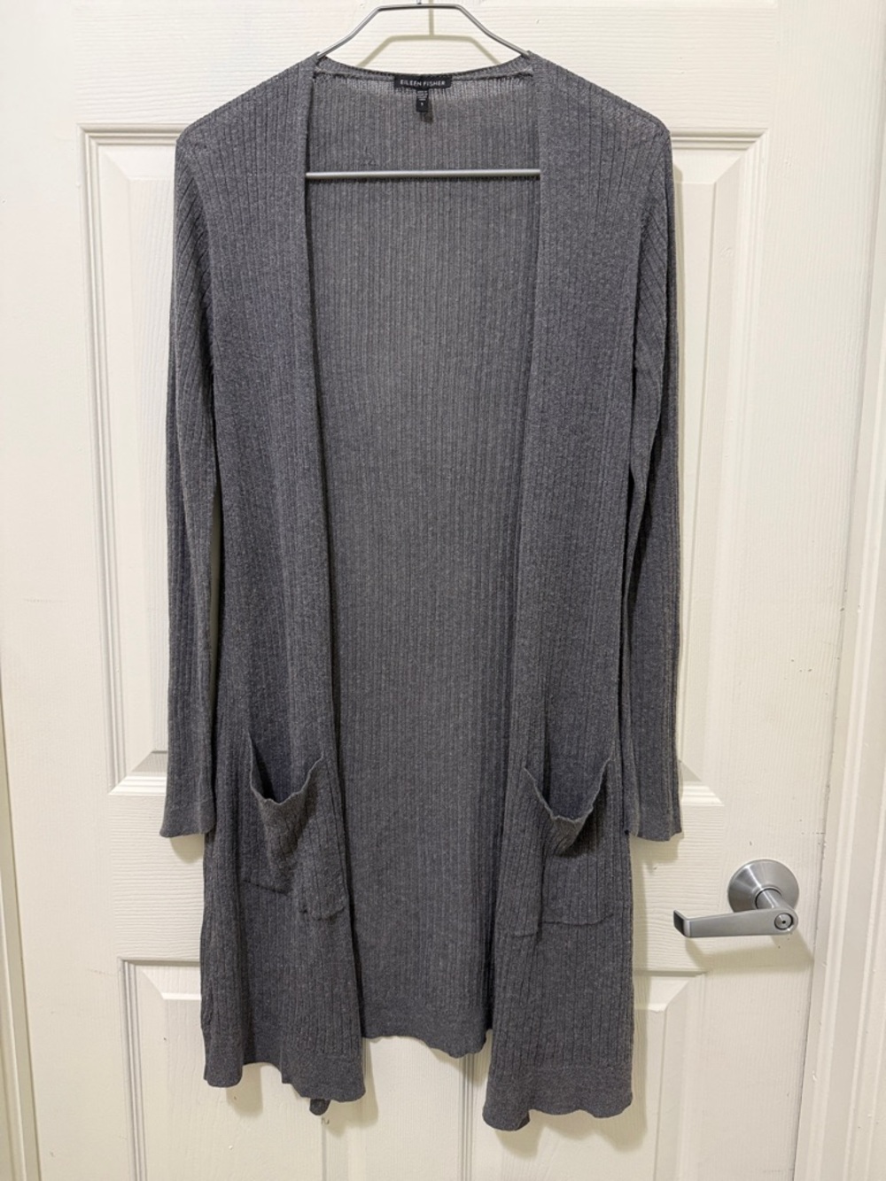 EILEEN FISHER Gray Ribbed Cardigan.